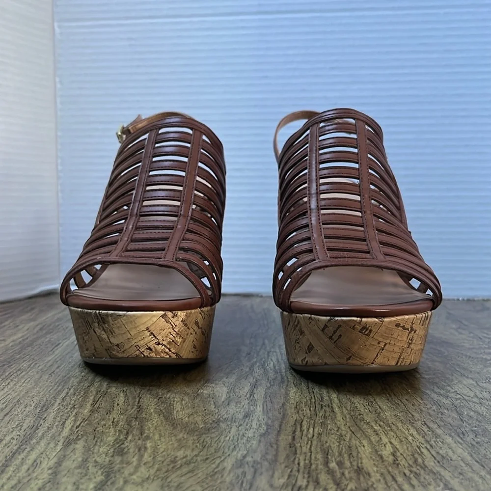 Franco Sarto Sombre Brown Cork Wedge Strap Platform Sandals Size 8.5